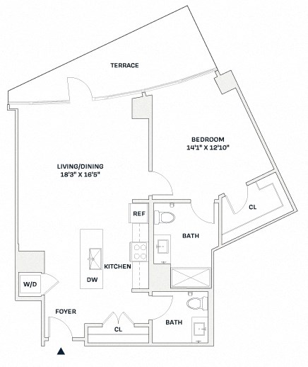 Floor plan for 1 bed, 1 bath, 899 sqft